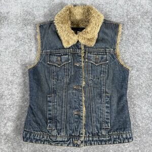 Vintage Gap‎ Vest Women's XS Blue Denim Faux Fur Lining Button Front Y2K